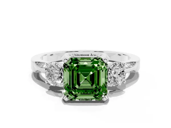 Fancy Green Asscher Cut Brilliant Three-Stone Diamond Ring with Pavé Band and Four-Prong Setting White gold