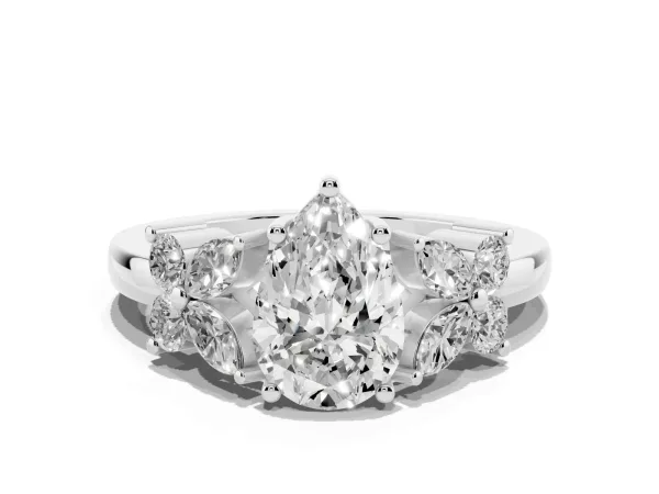 Pear Cut Diamond Floral Cluster Ring with Solitaire Band and Prong Setting White gold