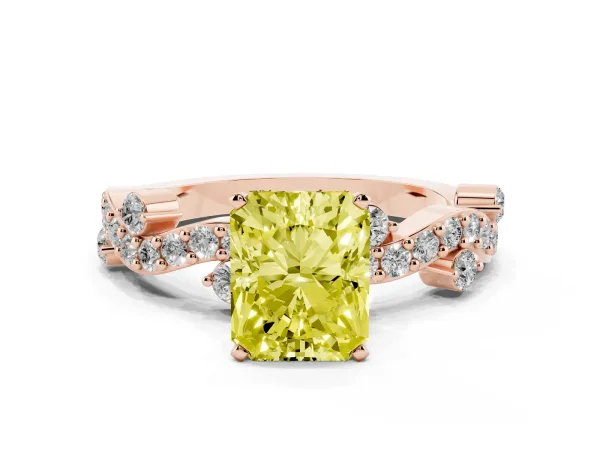 Fancy Yellow Radiant Cut Cut Solitaire Diamond Twisted Band with Pave Setting Rose gold