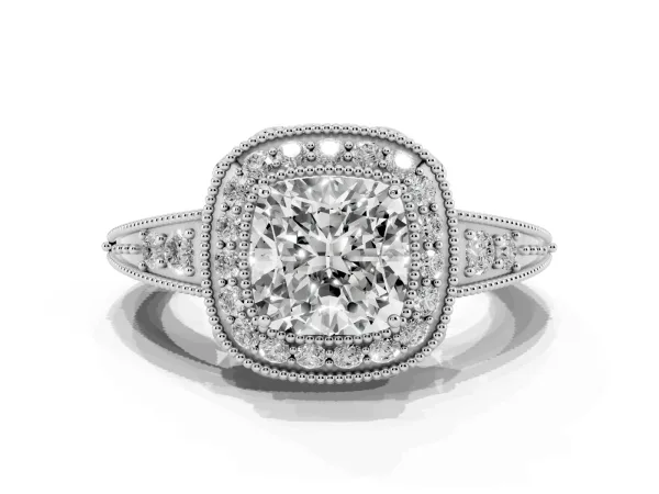 Cushion Cut Halo Diamond Split Shank Ring with Milgrain Detail Platinum