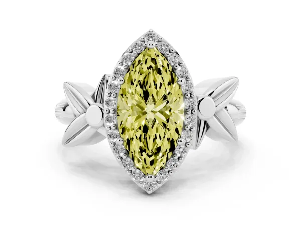 Fancy Yellow Marquise Cut Halo Diamond Floral Band with Four-Prong Setting Platinum