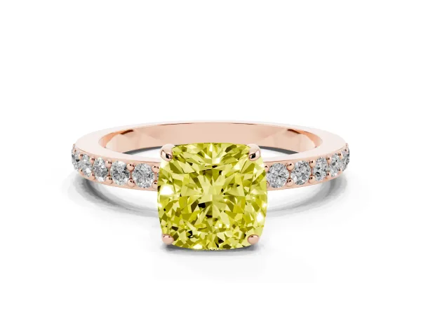 Fancy Yellow Cushion Cut Diamond Solitaire Engagement Ring with Pavé Band and Four-Prong Setting Rose gold