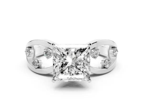 Princess Cut Cut Solitaire Diamond with Side Stones on Criss-Cross Band and Four-Prong Setting Platinum