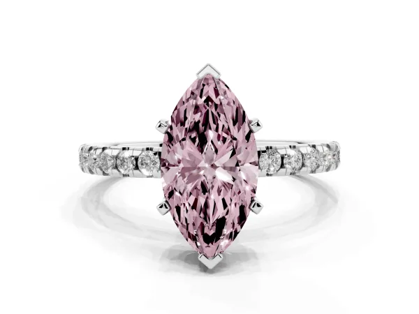 Fancy Pink Marquise Cut Diamond Solitaire Ring with Round Pavé Band and Four-Prong Setting Platinum