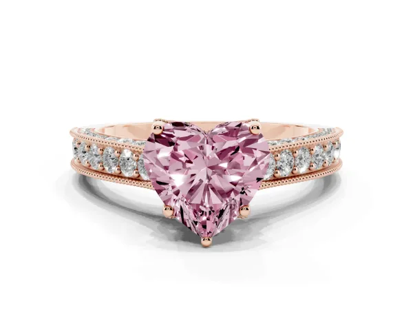Fancy Pink Heart Cut Cut Diamond Solitaire Ring with Milgrain Pave Band and Four Prong Setting Rose gold