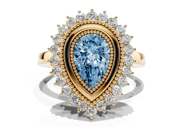 Fancy Blue Pear Cut Halo Diamond Ring with Milgrain Edge and Round Prong Setting Yellow gold
