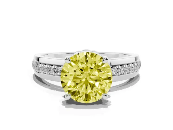 Fancy Yellow Round Cut Solitaire Diamond Ring with Channel Set Band and Six-Prong Setting Platinum
