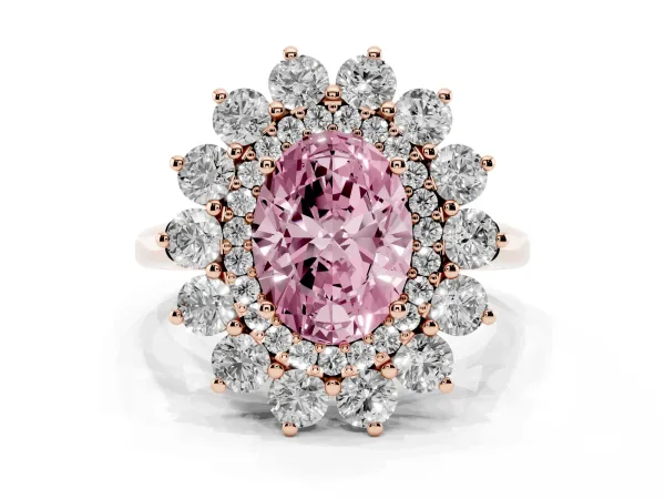 Fancy Pink Oval Cut Diamond Floral Double Halo Engagement Ring with Prong Setting Rose gold