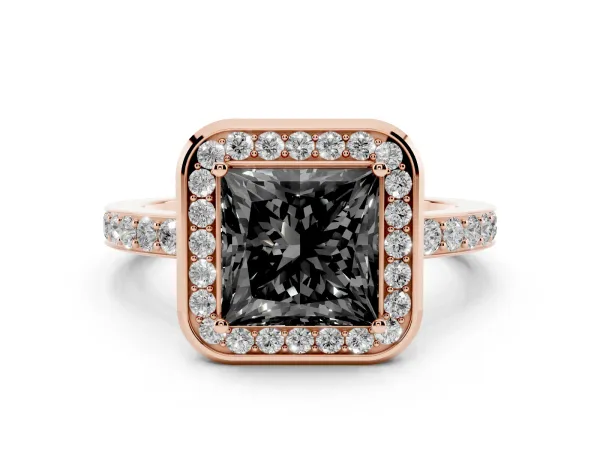 Fancy Black Princess Cut Diamond Halo Ring with Bezel Frame and Pavé Band Rose gold