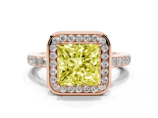 Fancy Yellow Princess Cut Diamond Halo Ring with Bezel Frame and Pavé Band Rose gold