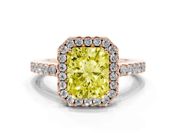 Fancy Yellow Radiant Cut Halo Diamond Pavé Solitaire Ring Rose gold