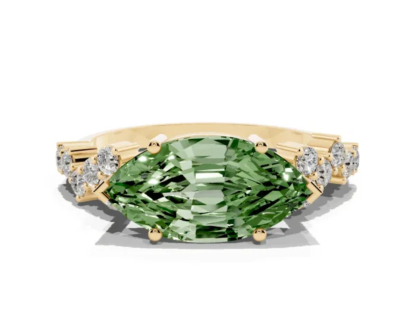 Fancy Green Marquise Cut Diamond Scattered Round Accent Ring with Prong Setting Yellow gold