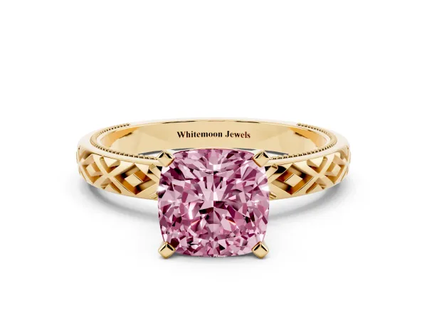 Fancy Pink Cushion Cut Solitaire Diamond Ring with Milgrain and Black Enamel X Pattern Band Yellow gold