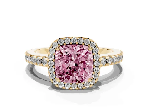 Fancy Pink Cushion Cut Diamond Halo Engagement Ring with Pavé Band and Prong Setting Yellow gold