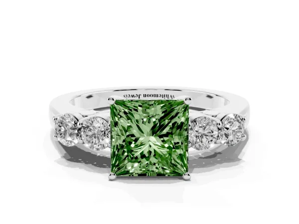 Fancy Green Princess Cut Cut Diamond Five-Stone Prong Set White Gold Ring Platinum