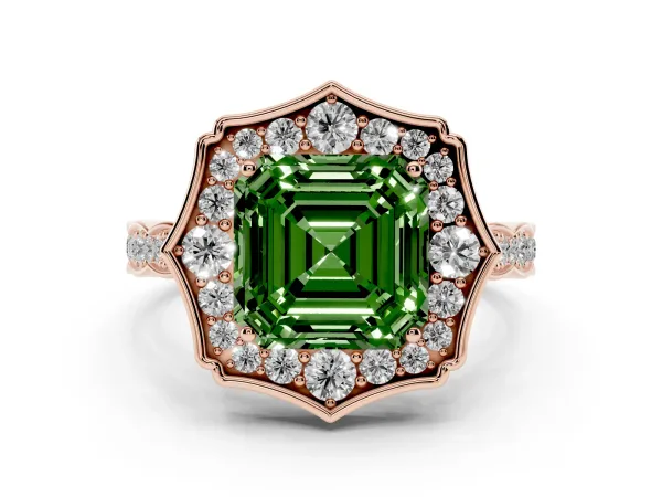 Fancy Green Asscher Cut Halo Diamond Engagement Ring with Milgrain Band and Four-Prong Setting Rose gold