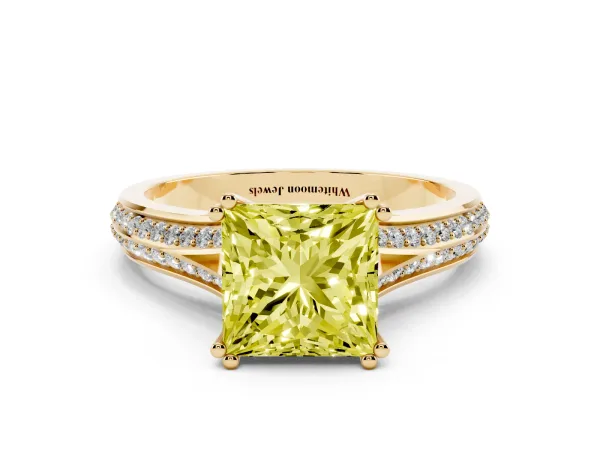 Fancy Yellow Princess Cut Diamond Split Shank Engagement Ring with Pavé Band Yellow gold