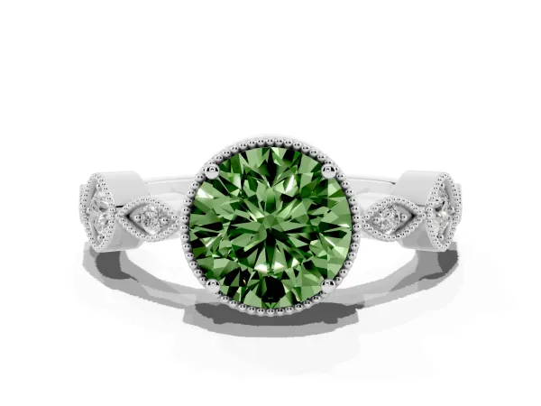 Fancy Green Round Cut Diamond Vintage Milgrain Ring with Round Stations White gold