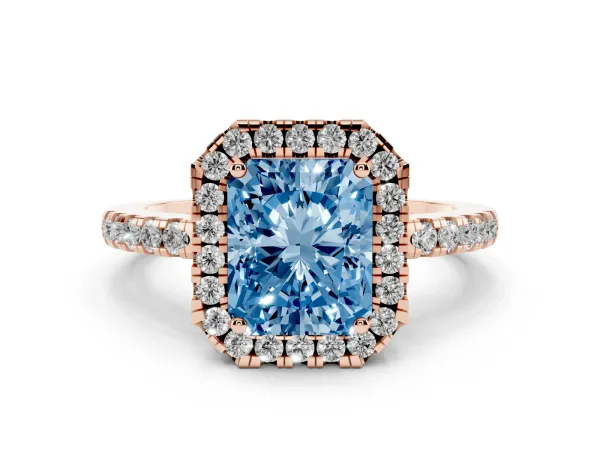 Fancy Blue Radiant Cut Halo Diamond Engagement Ring with Pavé Band and Four-Prong Setting Rose gold