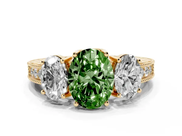 Fancy Green Three-Stone Oval Cut Cut Milgrain Pavé Engagement Ring Yellow gold