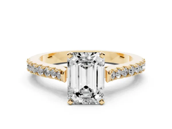 Emerald Cut Cut Solitaire Diamond Engagement Ring with Pave Band and Four-Prong Setting Yellow gold