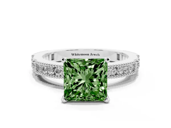 Fancy Green Princess Cut Solitaire with Pavé Band and Four-Prong Setting Platinum