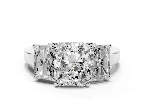 Three-Stone Radiant Cut Cut Diamond Engagement Ring with Flat Band and Four-Prong Setting Platinum