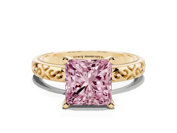 Fancy Pink Princess Cut Solitaire Engagement Ring with Scrollwork Band and Four-Prong Setting Yellow gold