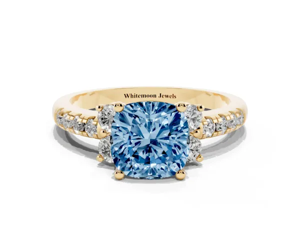 Fancy Blue Cushion Cut Diamond Three-Stone Pave Band with Four-Prong Setting Yellow gold