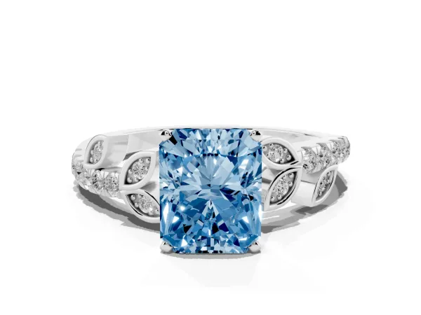 Fancy Blue Radiant Cut Solitaire Leaf-Inspired Diamond Ring with Pavé Band and Four-Prong Setting Platinum
