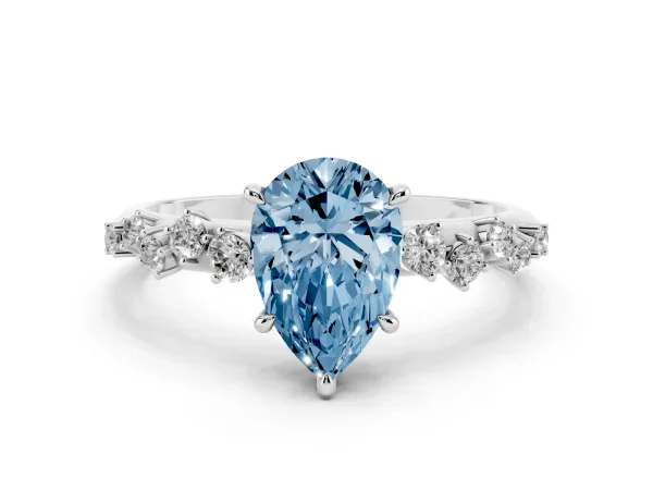 Fancy Blue Pear Cut Diamond Cluster Side Stone Solitaire Ring with Prong Setting Platinum