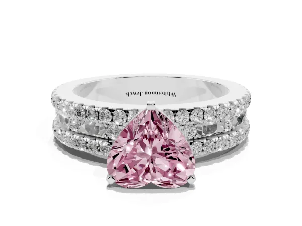 Fancy Pink Heart Cut Diamond Solitaire Ring with Pavé and Channel Set Band Platinum