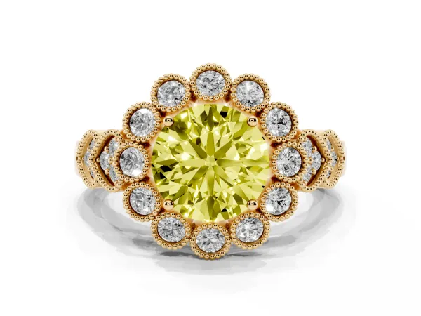 Fancy Yellow Round Cut Brilliant Milgrain Pave Heart Band Solitaire Ring Yellow gold