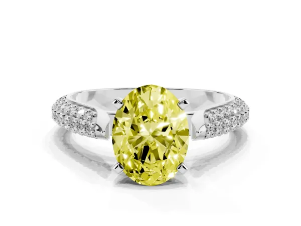Fancy Yellow Oval Cut Diamond Solitaire Engagement Ring with Multi-Row Round Pavé Band and Prong Setting White gold