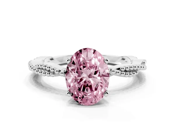 Fancy Pink Oval Cut Solitaire Twisted Band with Bead Prong Setting White gold