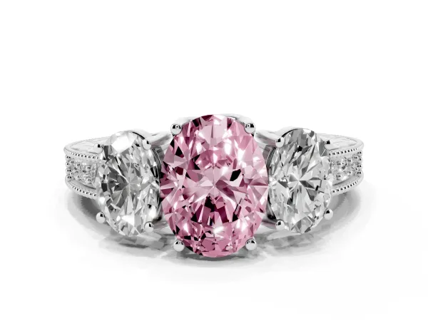 Fancy Pink Three-Stone Oval Cut Cut Milgrain Pavé Engagement Ring White gold