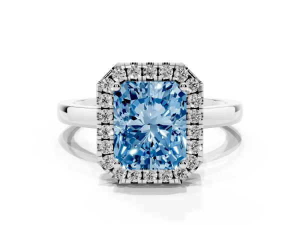 Fancy Blue Radiant Cut Halo Diamond Solitaire with Pavé Band and Four-Prong Setting Platinum