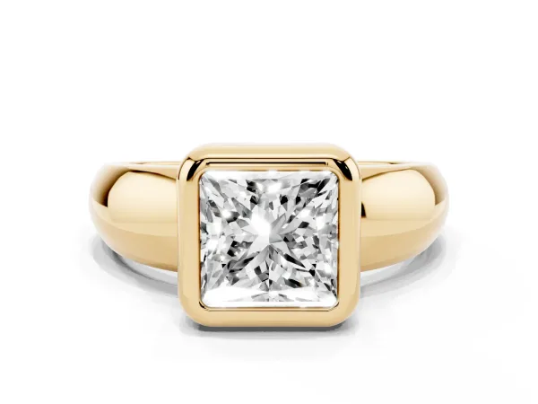 Bezel Set Princess Cut Solitaire Ring with Wide Band Yellow gold