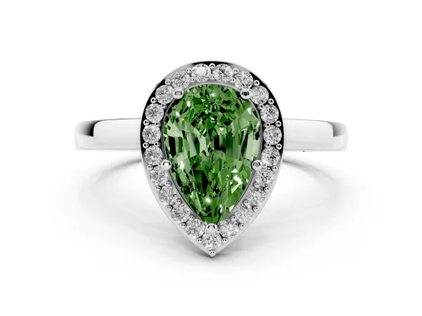 Fancy Green Pear Cut Halo Diamond Ring with Solitaire Band and Prong Setting Platinum