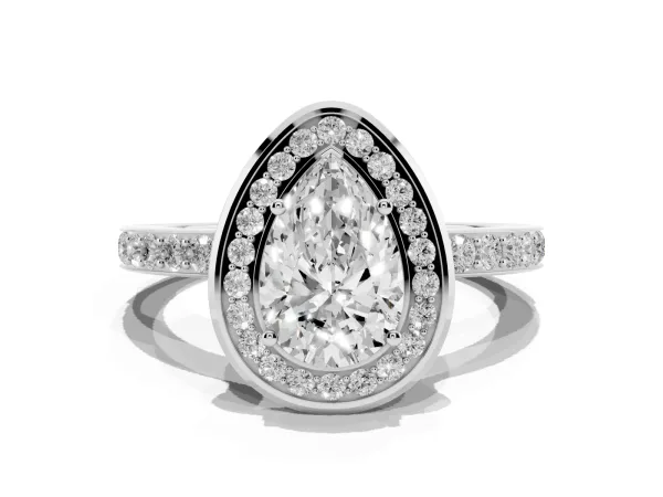 Pear Cut Diamond Halo Ring with Bezel Frame and Pavé Band White gold