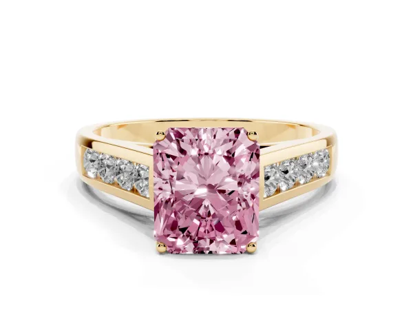 Fancy Pink Radiant Cut Brilliant Channel-Set Solitaire Ring with Four-Prong Setting Yellow gold