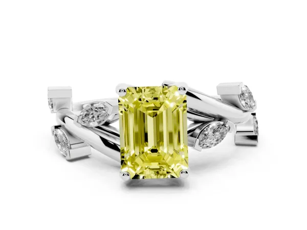 Fancy Yellow Emerald Cut Solitaire Twisted Band Marquise Accent Prong Setting Ring White gold