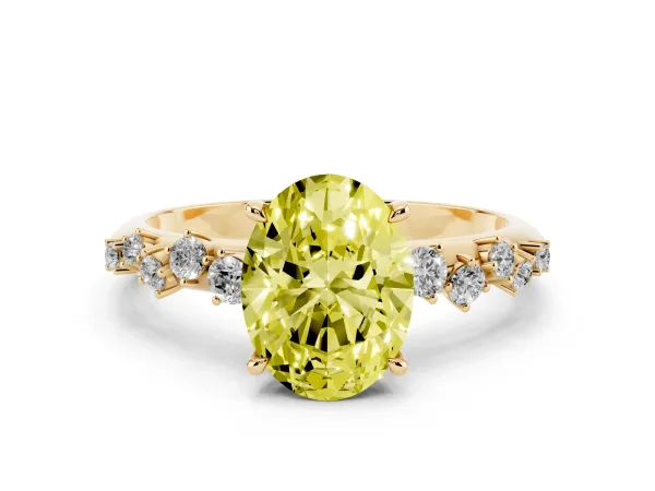 Fancy Yellow Oval Cut Diamond Cluster Side Stone Solitaire Ring with Prong Setting Yellow gold