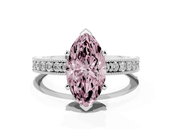Fancy Pink Marquise Cut Diamond Milgrain Pavé Engagement Ring with Four-Prong Setting White gold