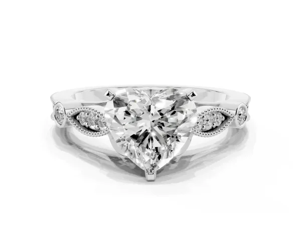 Heart Cut Cut Diamond with Milgrain Marquise and Bezel Accents on a Solitaire Band with Prong Setting White gold