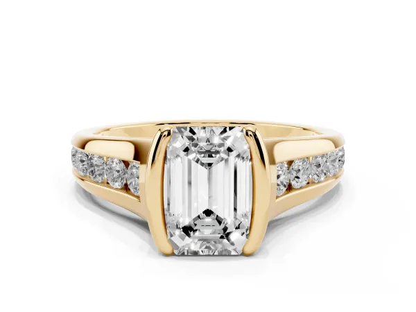 Emerald Cut Solitaire Bezel-Set Diamond Ring with Channel-Set Band Yellow gold