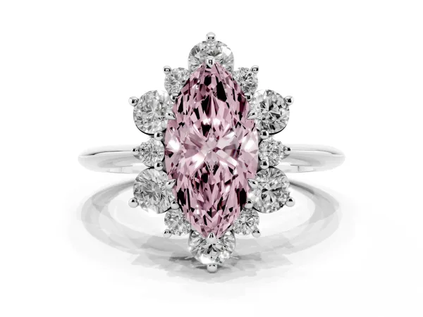 Fancy Pink Marquise Cut Diamond Cluster Halo Ring with Solitaire Band and Four-Prong Setting White gold