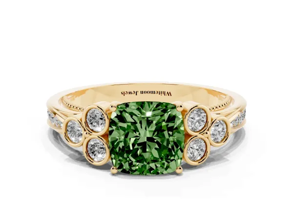 Fancy Green Cushion Cut Cut Diamond Engagement Ring with Bezel Set Round Side Stones and Prong Setting Yellow gold