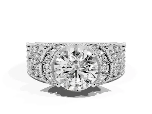 Round Cut Halo Pave Diamond Engagement Ring with Milgrain Detailing Platinum