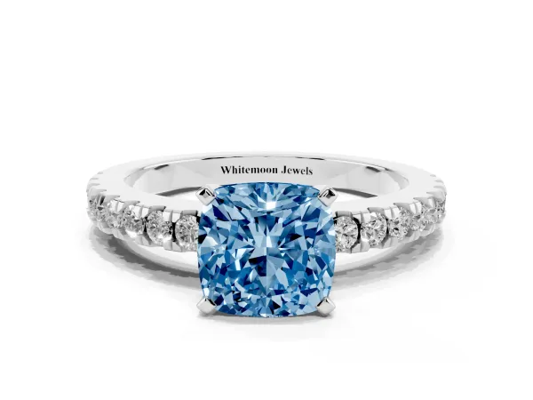 Fancy Blue Cushion Cut Solitaire Diamond with Pavé Band and Four-Prong Setting White gold